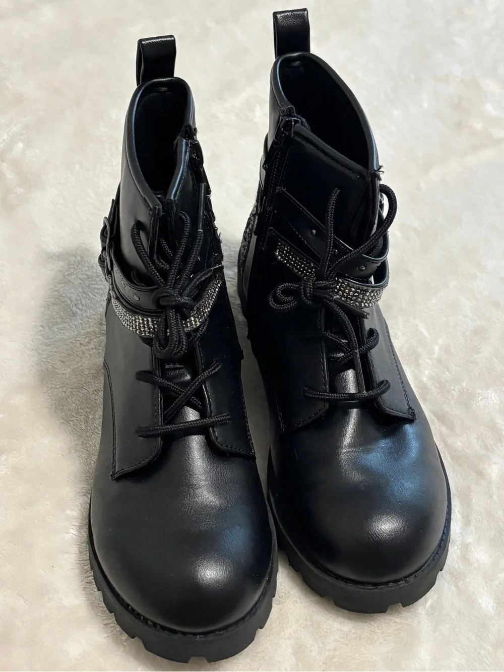 Kids Mix No. 6 Black Lace-Up Combat Boots with Rhinestone Strap